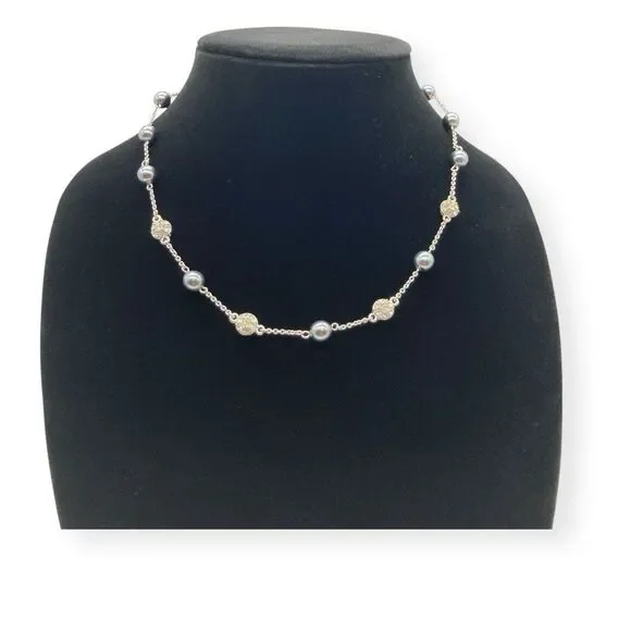 NOLAN MILLER 18” Necklace Silver Tone Gray Faux Round Pearls And Rhinestones - Picture 2 of 5